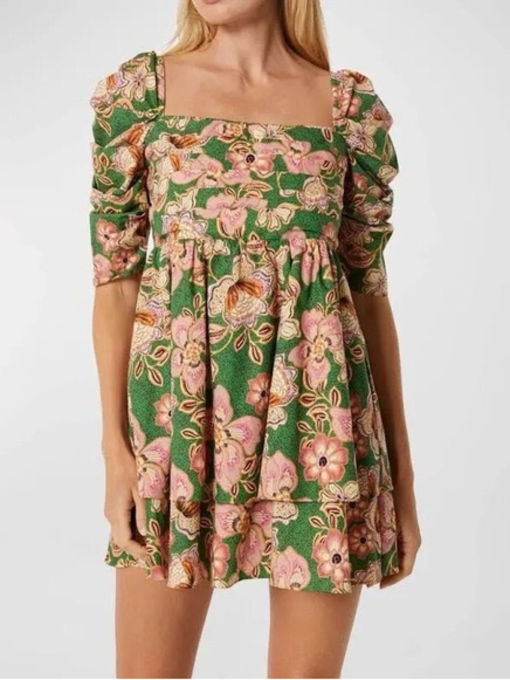 MISA Los Angeles Kate Dress Kelly Blossoms Green Floral Puff Sleeve S NWOT